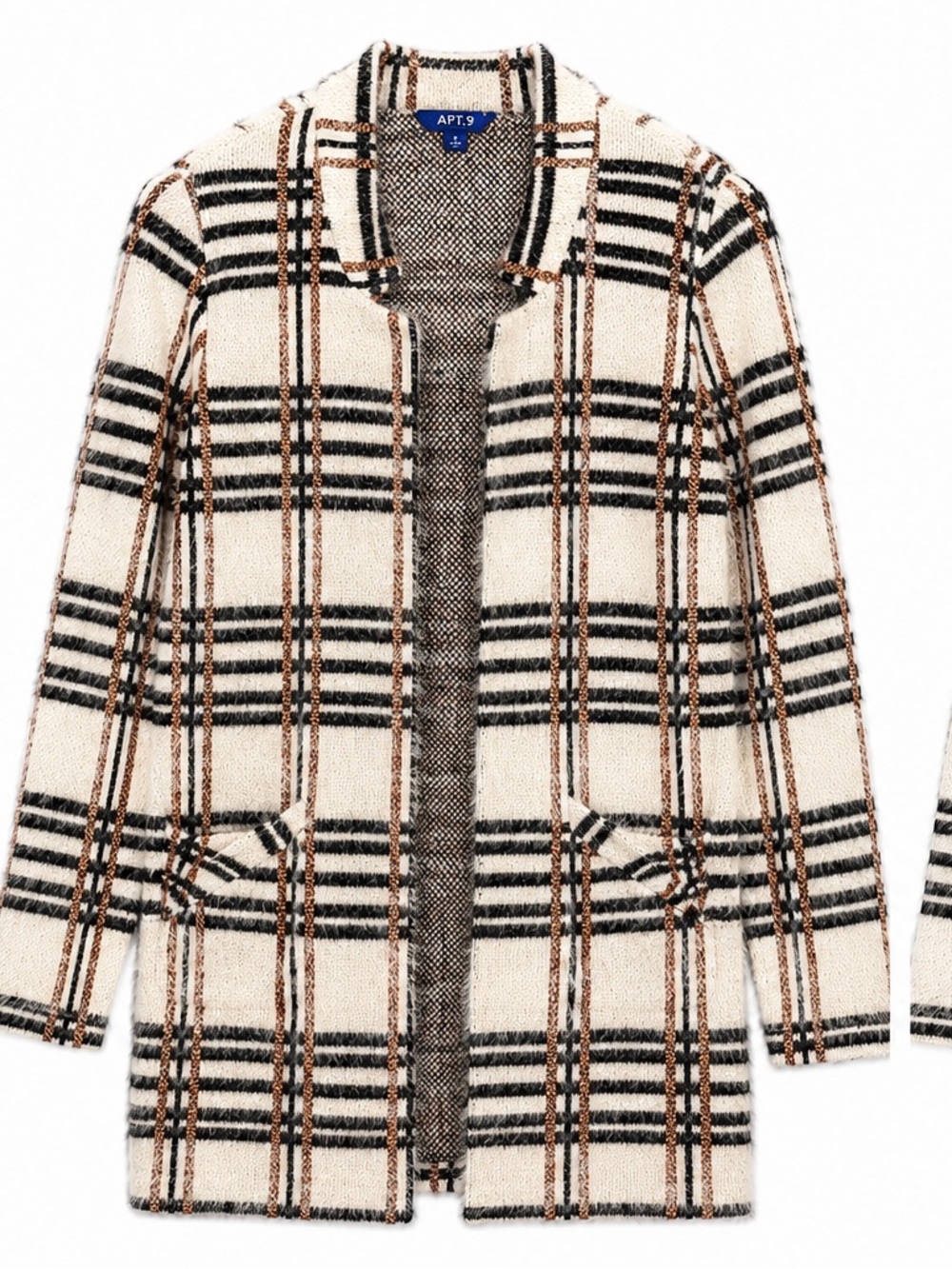 Plaid Open Front Cardigan Coat Cream Black Metallic Women’s M